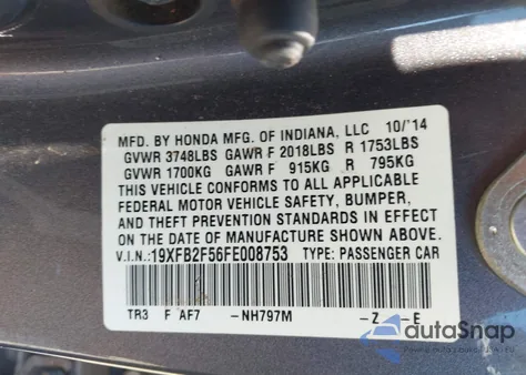 2015 Honda Civic Lx from USA, damaged, VIN 19XFB2F56FE008753
